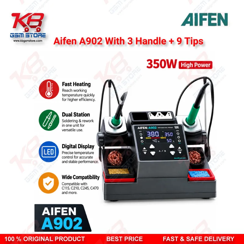 Aifen A902 Dual-Station Soldering Rework Station With 3 Handles + 9 Tips (T115/T210/T245, C115/C210/C245)