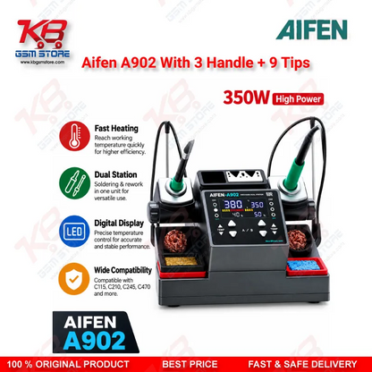 Aifen A902 Dual-Station Soldering Rework Station With 3 Handles + 9 Tips (T115/T210/T245, C115/C210/C245)