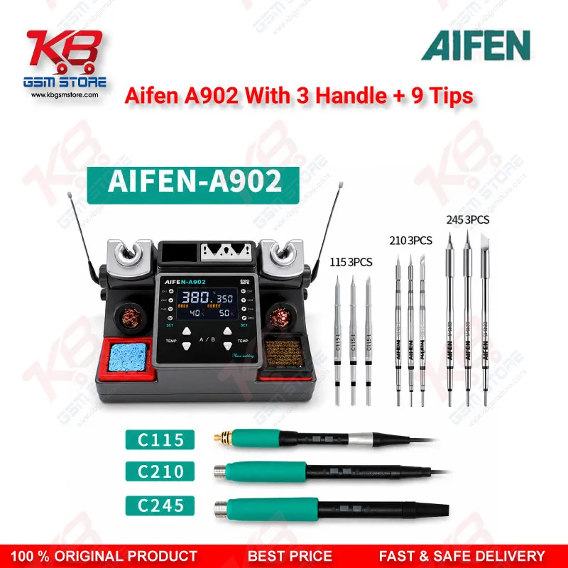 Aifen A902 Dual-Station Soldering Rework Station With 3 Handles + 9 Tips (T115/T210/T245, C115/C210/C245)