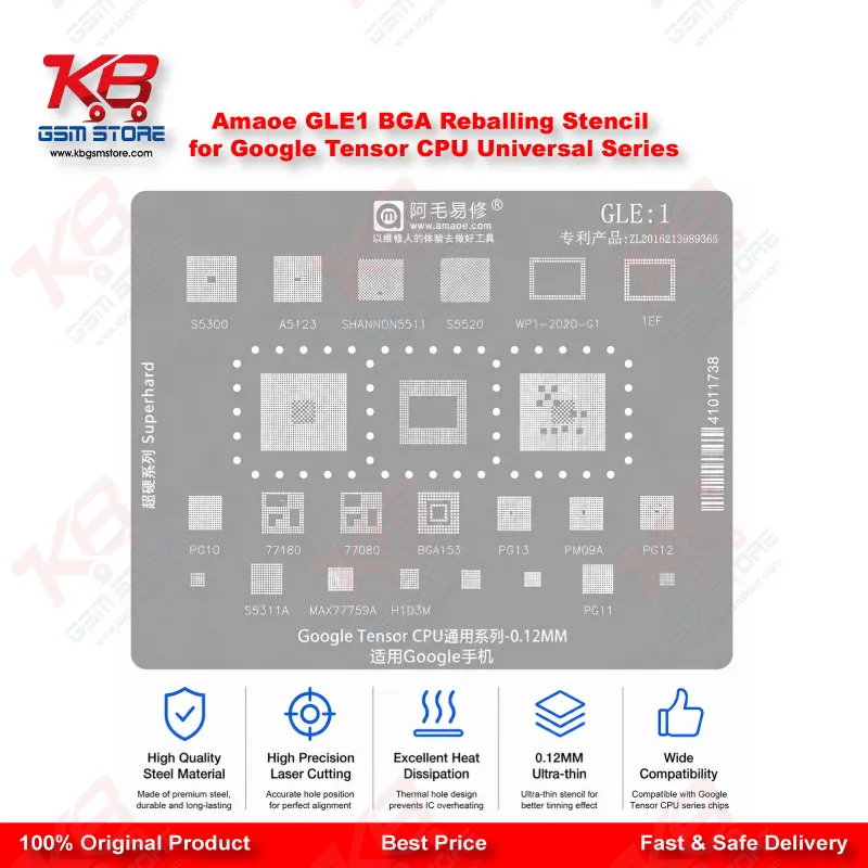 Amaoe GLE1 0.12mm BGA Reballing Stencil for Google Tensor CPU – Universal Series