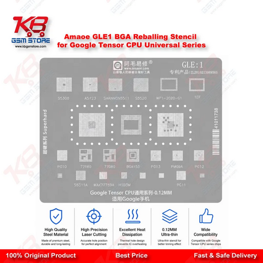 Amaoe GLE1 0.12mm BGA Reballing Stencil for Google Tensor CPU – Universal Series