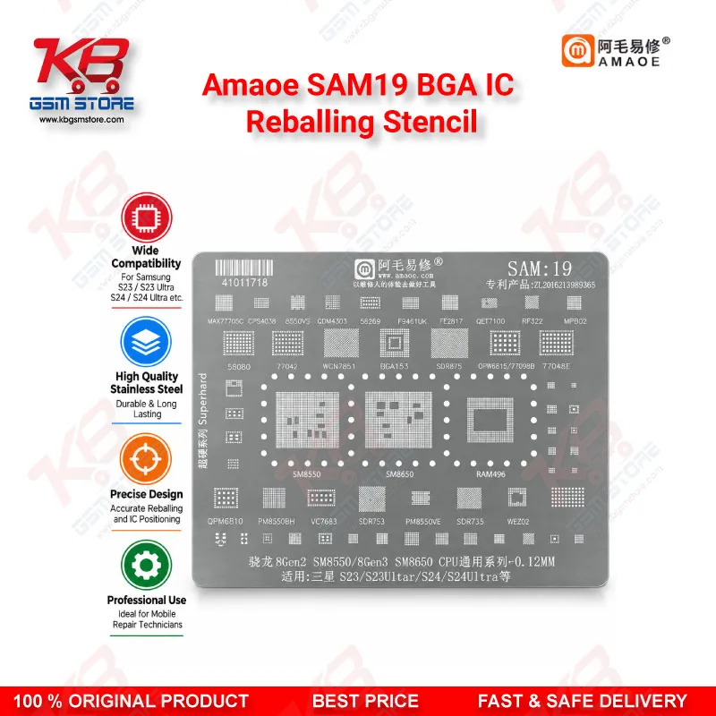 Amaoe SAM19 BGA IC Reballing Stencil – Snapdragon SM8550/SM8650 CPU Direct Heat Reballing Tool for Samsung S23/S23 Ultra/S24/S24 Ultra