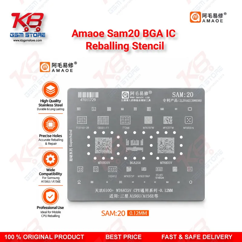 Amaoe SAM20 BGA IC Reballing Stencil – 0.12mm MT6835V CPU Stencil for Samsung Galaxy A15 5G (SM-A156U/A156E)
