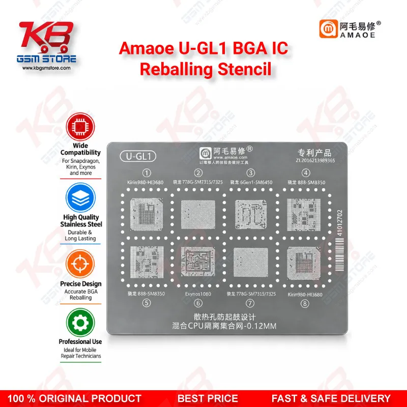 Amaoe U-GL1 BGA IC Reballing Stencil – 0.12mm CPU-Isolated Mixed Chipset Template