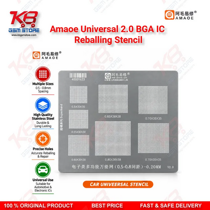 Amaoe Universal 2.0 BGA IC Reballing Stencil – Multi-Size 0.3mm/0.35mm/0.4mm/0.5mm Stainless Steel Reballing Template for Mobile Repair