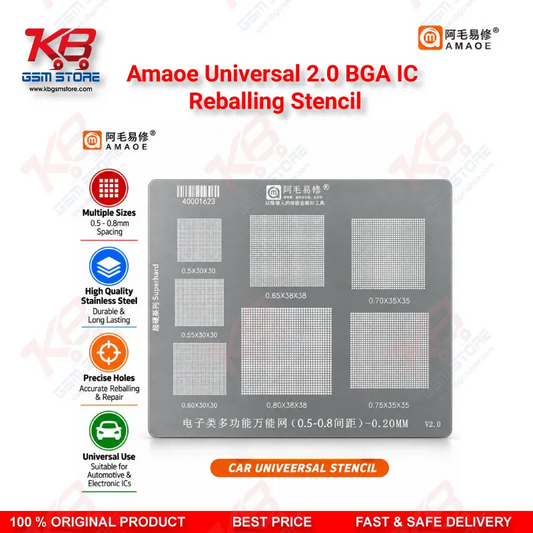 Amaoe Universal 2.0 BGA IC Reballing Stencil – Multi-Size 0.3mm/0.35mm/0.4mm/0.5mm Stainless Steel Reballing Template for Mobile Repair