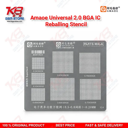 Amaoe Universal 2.0 BGA IC Reballing Stencil – Multi-Size 0.3mm/0.35mm/0.4mm/0.5mm Stainless Steel Reballing Template for Mobile Repair