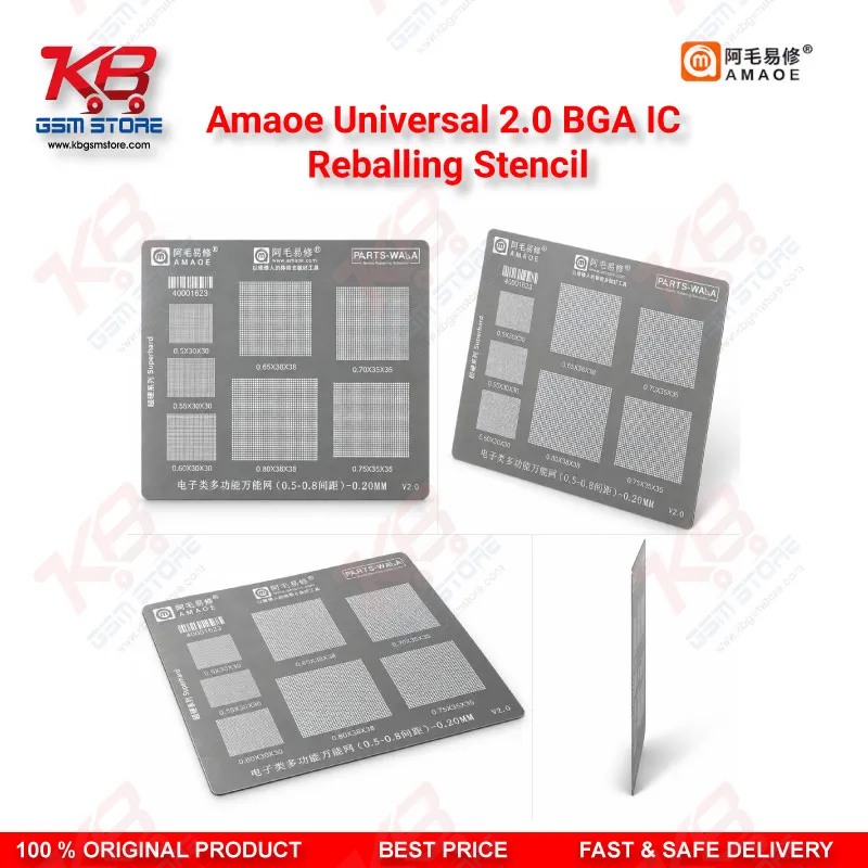 Amaoe Universal 2.0 BGA IC Reballing Stencil – Multi-Size 0.3mm/0.35mm/0.4mm/0.5mm Stainless Steel Reballing Template for Mobile Repair