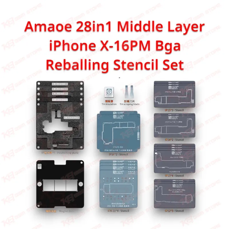 Amaoe 28in1 Middle Layer iPhone X-16PM Bga Reballing Stencil Set