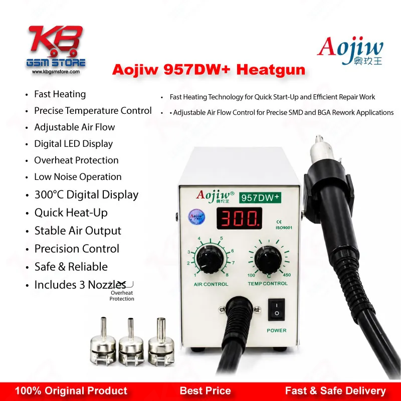 Aojiw 957DW+ Hot Air Rework Station 580W SMD BGA Heat Gun for Mobile PCB Repair
