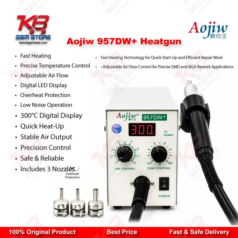 Aojiw 957DW+ Hot Air Rework Station 580W SMD BGA Heat Gun for Mobile PCB Repair