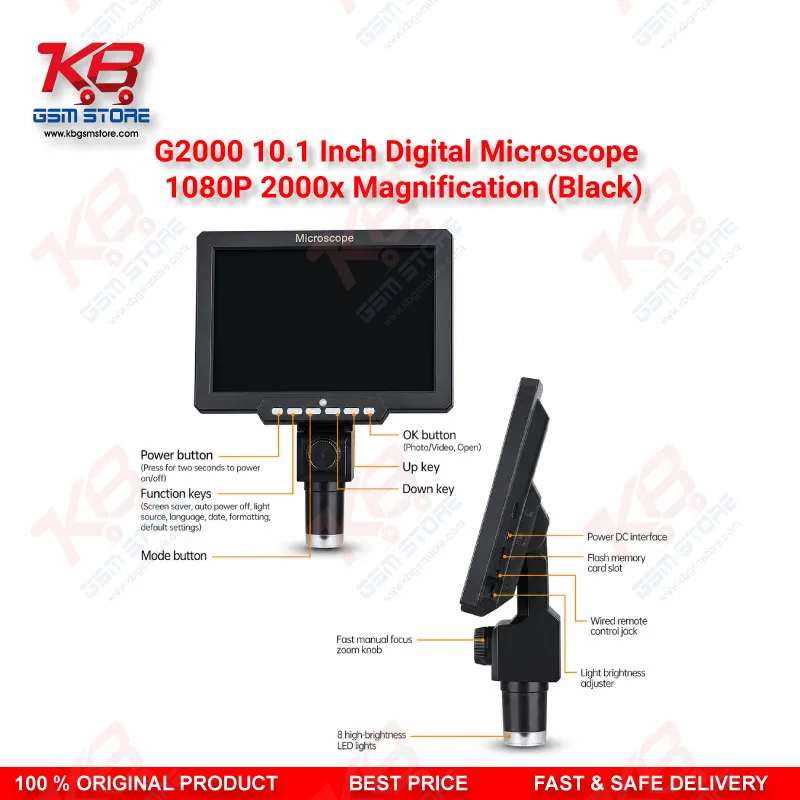 G2000 10.1" HD Digital Microscope – 2000X PCB & Mobile IC Repair Microscope (Black)