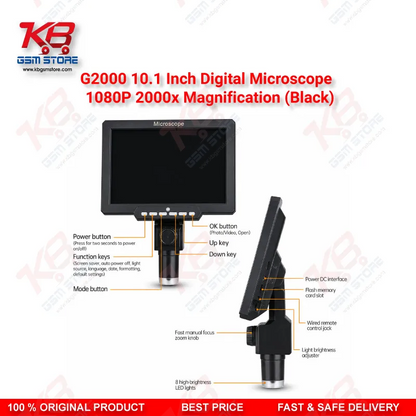 G2000 10.1" HD Digital Microscope – 2000X PCB & Mobile IC Repair Microscope (Black)
