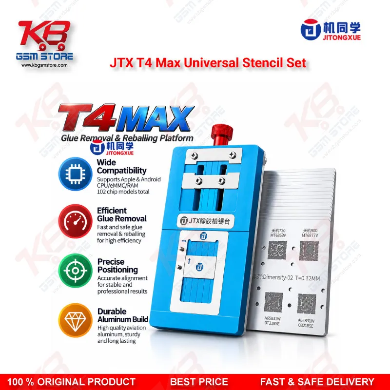 JTX T4 Max Universal Chip Glue Removal & Reballing Platform – 17 Stencils, 102 Chip Models