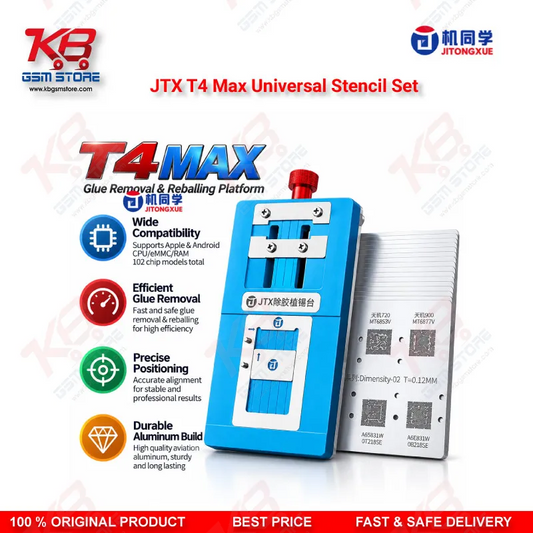 JTX T4 Max Universal Chip Glue Removal & Reballing Platform – 17 Stencils, 102 Chip Models