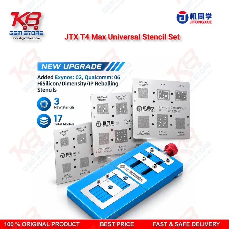 JTX T4 Max Universal Chip Glue Removal & Reballing Platform – 17 Stencils, 102 Chip Models