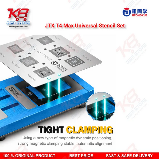 JTX T4 Max Universal Chip Glue Removal & Reballing Platform – 17 Stencils, 102 Chip Models