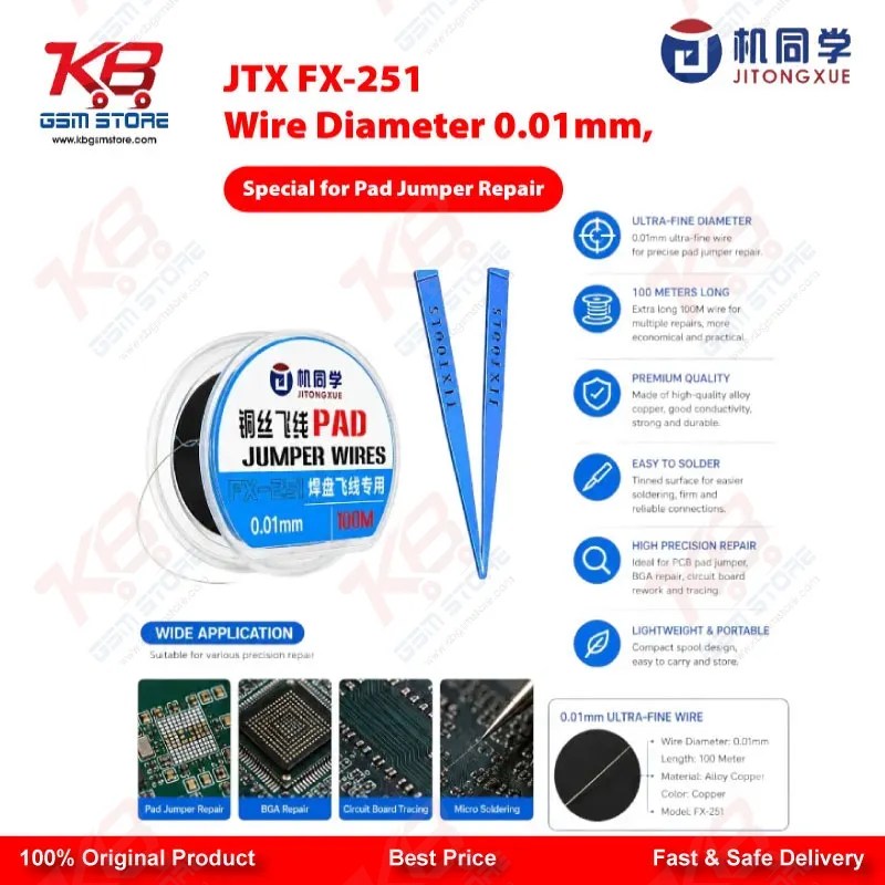 JTX FX-251 Ultra-Fine 0.01mm Jumper Wire – Pad Repair Wire for Mobile Motherboard IC Soldering