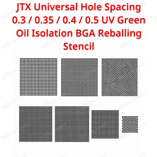 JTX BGA Reballing Stencil — 0.3/0.35/0.4/0.5mm UV Green Oil Isolation, Universal Hole Spacing