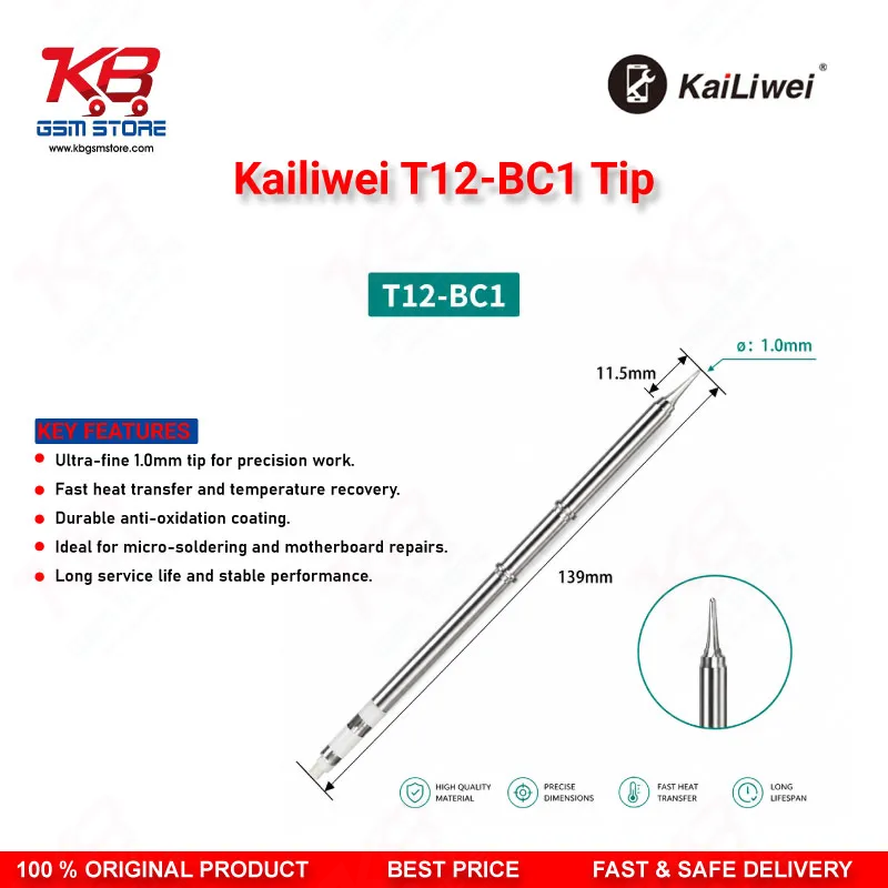 Kailiwei T12-BC1 Soldering Tip – 45° Bevel Cut 1mm T12 Iron Tip for Mobile PCB Repair