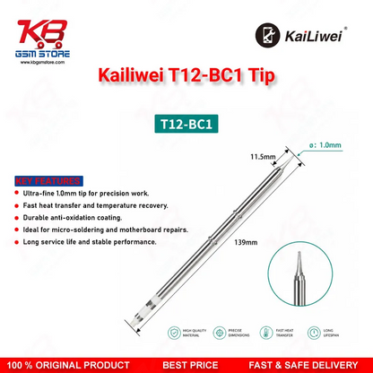 Kailiwei T12-BC1 Soldering Tip – 45° Bevel Cut 1mm T12 Iron Tip for Mobile PCB Repair
