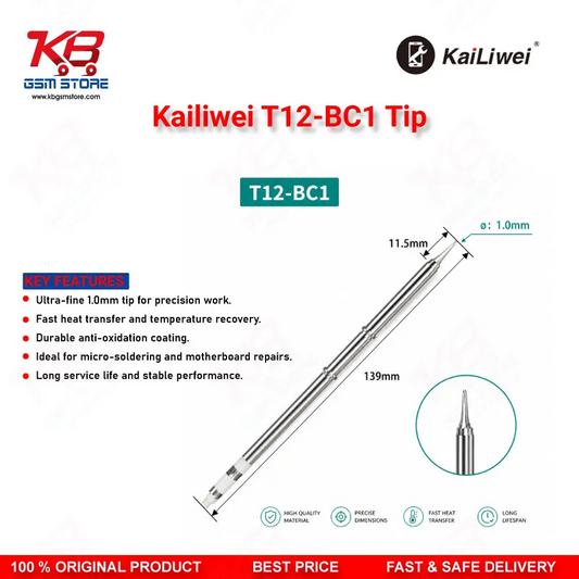 Kailiwei T12-BC1 Soldering Tip – 45° Bevel Cut 1mm T12 Iron Tip for Mobile PCB Repair