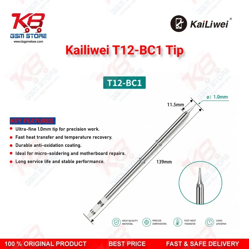 Kailiwei T12-BC1 Soldering Tip – 45° Bevel Cut 1mm T12 Iron Tip for Mobile PCB Repair