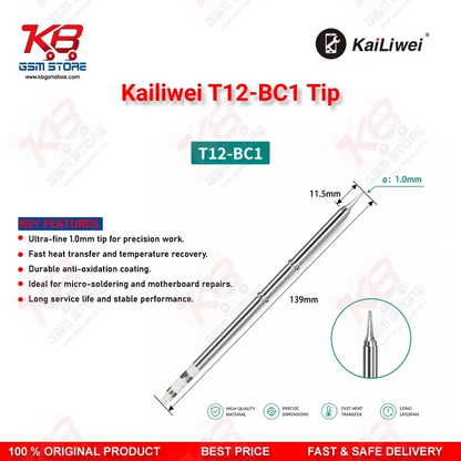 Kailiwei T12-BC1 Soldering Tip – 45° Bevel Cut 1mm T12 Iron Tip for Mobile PCB Repair