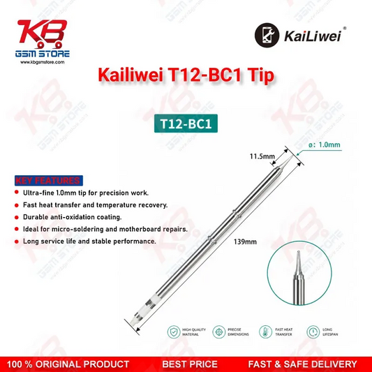 Kailiwei T12-BC1 Soldering Tip – 45° Bevel Cut 1mm T12 Iron Tip for Mobile PCB Repair