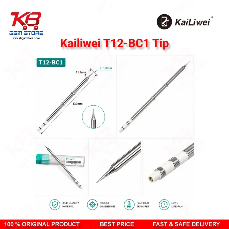 Kailiwei T12-BC1 Soldering Tip – 45° Bevel Cut 1mm T12 Iron Tip for Mobile PCB Repair