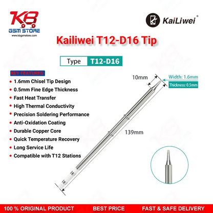 Kailiwei T12-D16 Soldering Iron Tip – 1.6mm Double-Sided Chisel Tip for T12 Soldering Stations