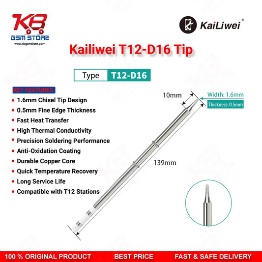 Kailiwei T12-D16 Soldering Iron Tip – 1.6mm Double-Sided Chisel Tip for T12 Soldering Stations
