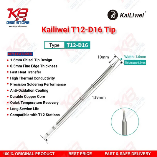 Kailiwei T12-D16 Soldering Iron Tip – 1.6mm Double-Sided Chisel Tip for T12 Soldering Stations