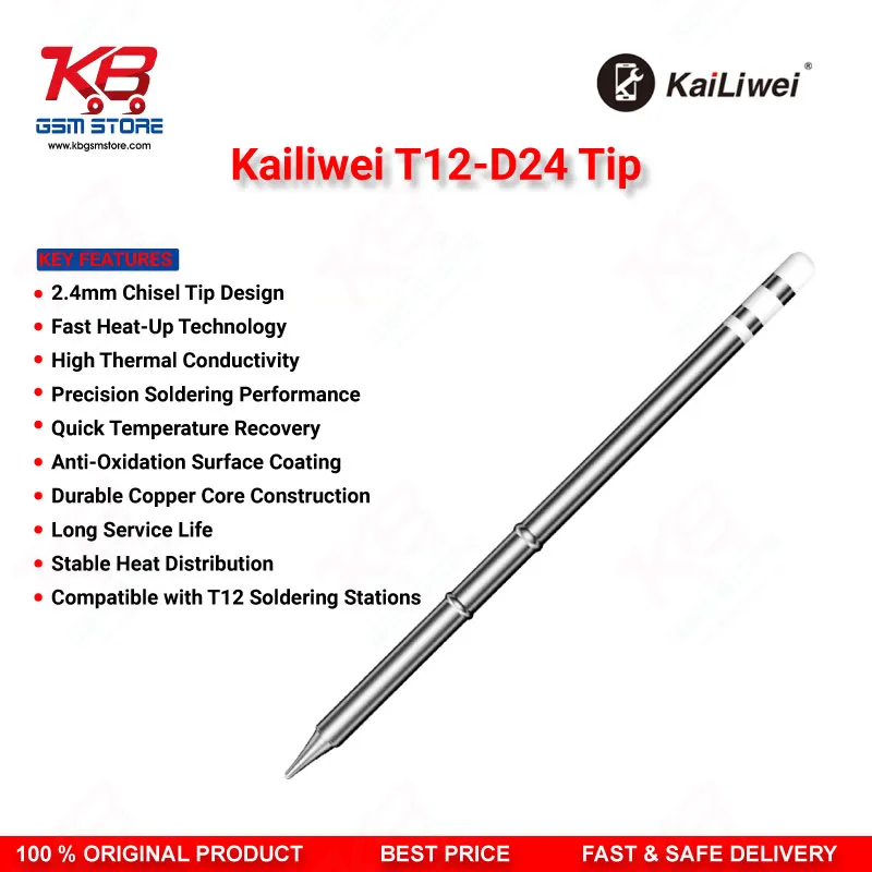 Kailiwei T12-D24 Soldering Tip – 2.4mm Chisel D-Shape Iron Tip for T12 Soldering Stations