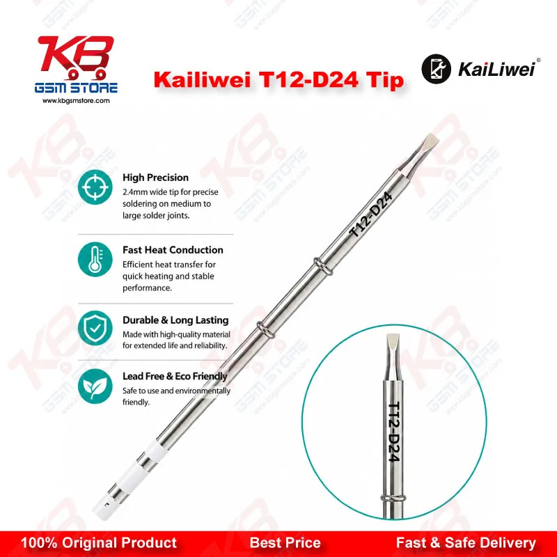 Kailiwei T12-D24 Soldering Tip – 2.4mm Chisel D-Shape Iron Tip for T12 Soldering Stations
