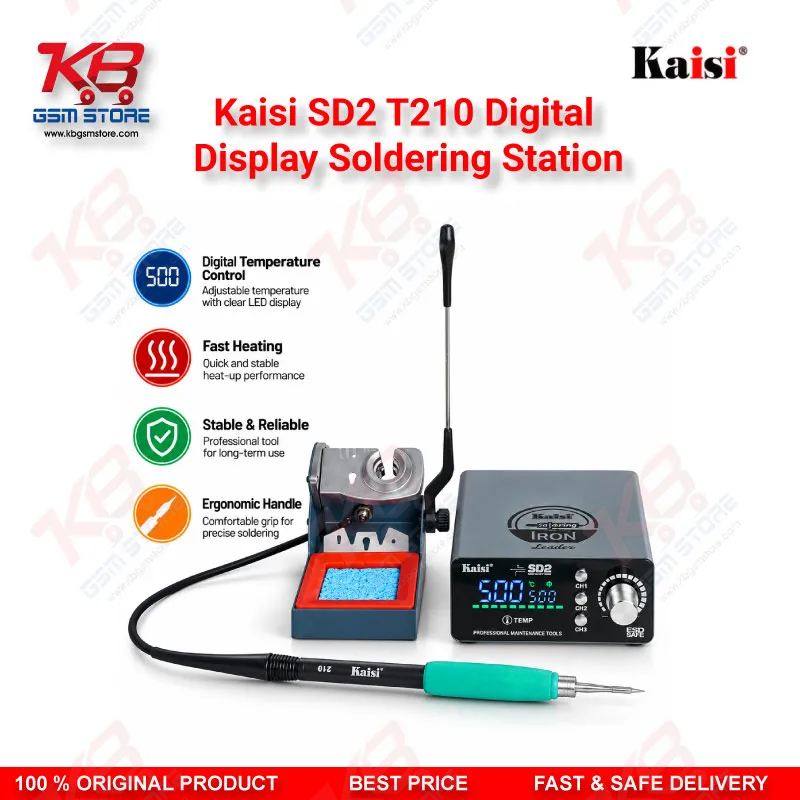 Kaisi SD2 T210 Digital Display Soldering Station | 120W Precision Iron with 3 Heating Cores (I/IS/K) for Mobile Phone Board Repair