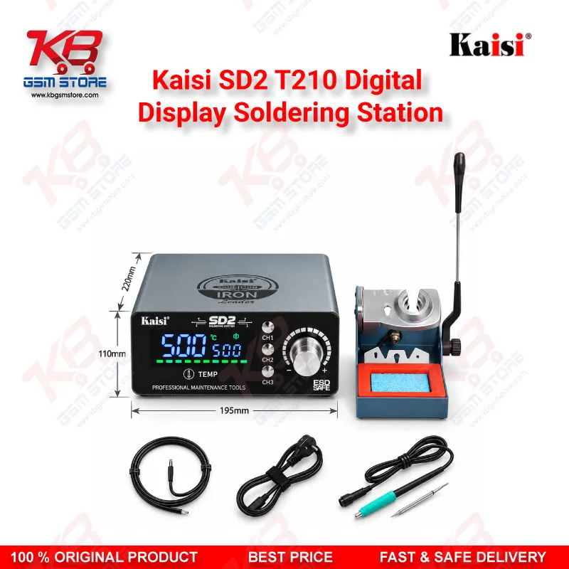 Kaisi SD2 T210 Digital Display Soldering Station | 120W Precision Iron with 3 Heating Cores (I/IS/K) for Mobile Phone Board Repair