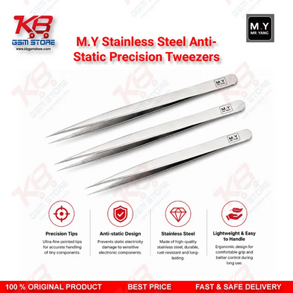 M.Y Stainless Steel Anti-Static Precision Tweezers – ESD Safe Repair Tool for Mobile IC & PCB Work