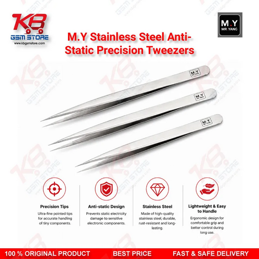 M.Y Stainless Steel Anti-Static Precision Tweezers – ESD Safe Repair Tool for Mobile IC & PCB Work