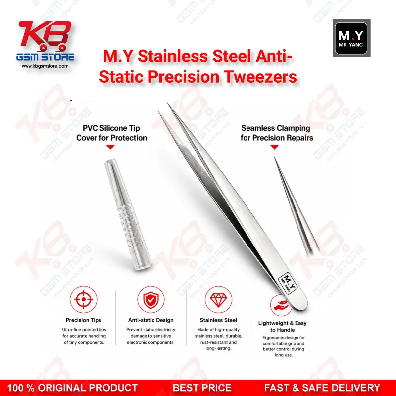 M.Y Stainless Steel Anti-Static Precision Tweezers – ESD Safe Repair Tool for Mobile IC & PCB Work