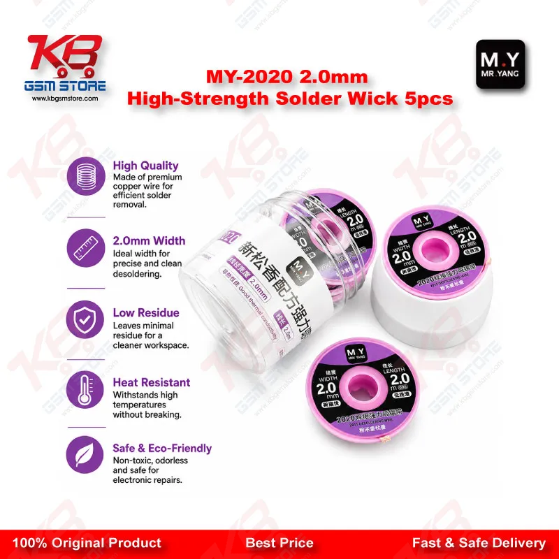 MY-2020 2.0mm High-Strength Solder Wick (5 Pcs Pack) – Desoldering Braid for Mobile PCB Repair