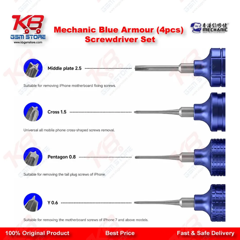 Product Title: Mechanic Blue Armor 4-in-1 Magnetic Precision Screwdriver Set for iPhone & Mobile Repair