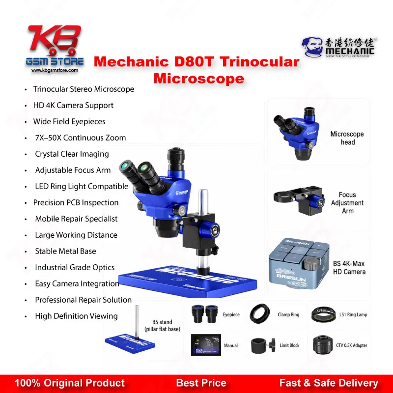 Mechanic D80T 8X-80X Trinocular Stereo Microscope for Mobile Phone PCB BGA IC Micro-Soldering Repair