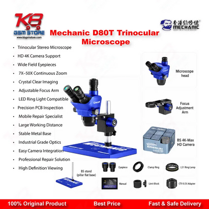 Mechanic D80T 8X-80X Trinocular Stereo Microscope for Mobile Phone PCB BGA IC Micro-Soldering Repair