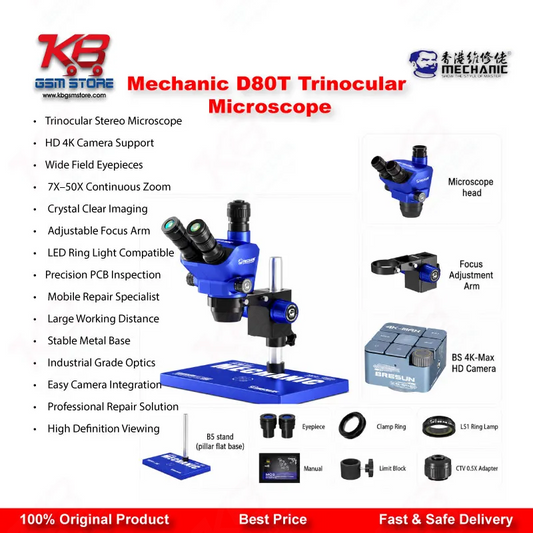Mechanic D80T 8X-80X Trinocular Stereo Microscope for Mobile Phone PCB BGA IC Micro-Soldering Repair