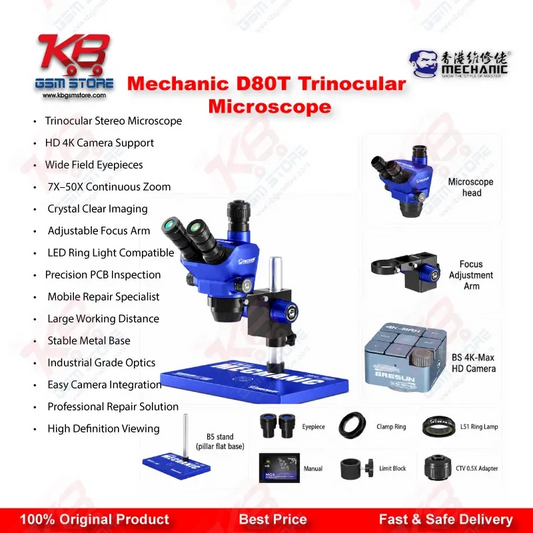 Mechanic D80T 8X-80X Trinocular Stereo Microscope for Mobile Phone PCB BGA IC Micro-Soldering Repair