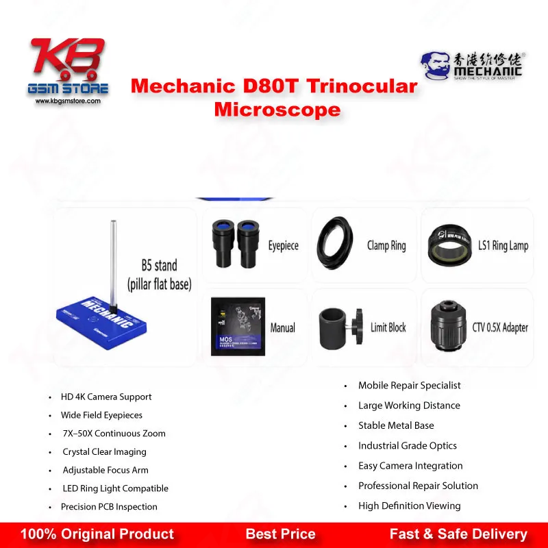 Mechanic D80T 8X-80X Trinocular Stereo Microscope for Mobile Phone PCB BGA IC Micro-Soldering Repair