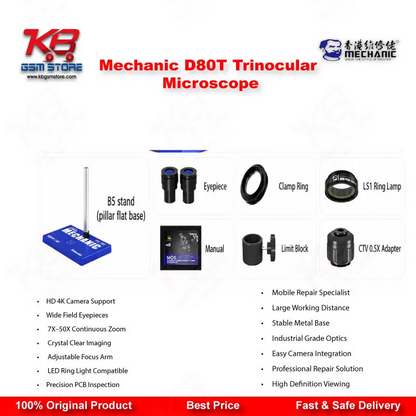 Mechanic D80T 8X-80X Trinocular Stereo Microscope for Mobile Phone PCB BGA IC Micro-Soldering Repair