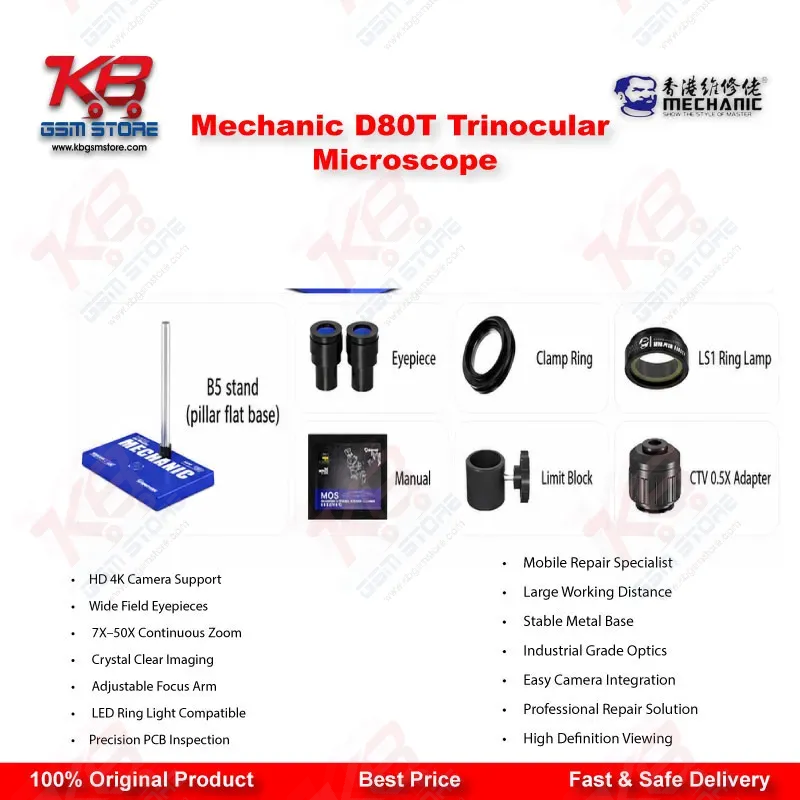 Mechanic D80T 8X-80X Trinocular Stereo Microscope for Mobile Phone PCB BGA IC Micro-Soldering Repair