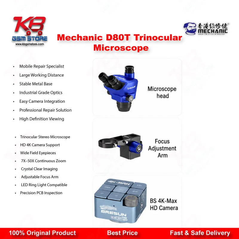 Mechanic D80T 8X-80X Trinocular Stereo Microscope for Mobile Phone PCB BGA IC Micro-Soldering Repair